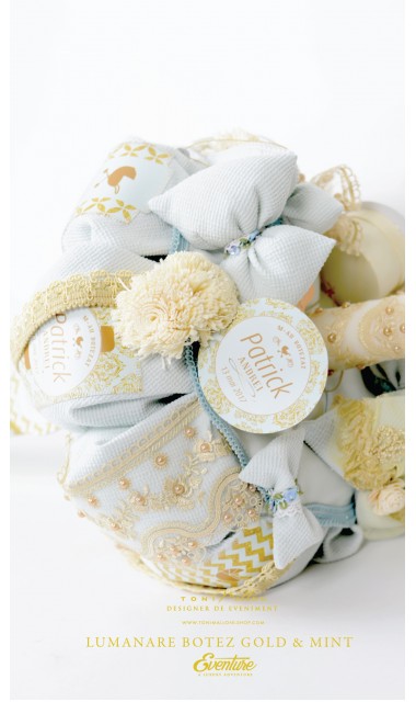 Lumanare botez gold cu verde menta pentru baieti, 65x4 cm, Gold & Mint 8